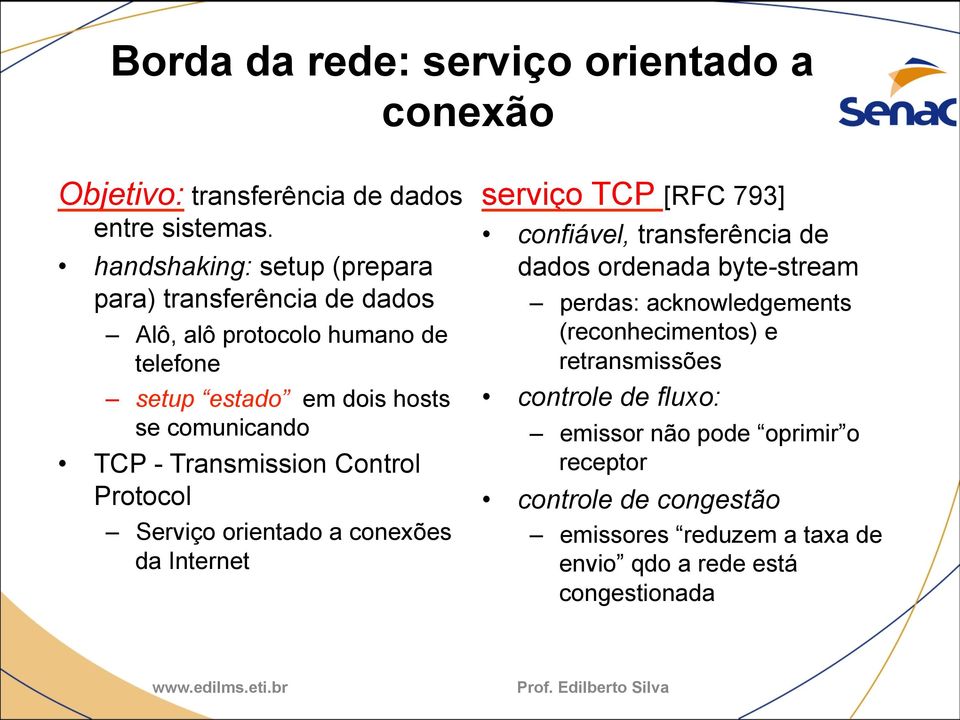 Transmission Control Protocol Serviço orientado a conexões da Internet serviço TCP [RFC 793] confiável, transferência de dados ordenada