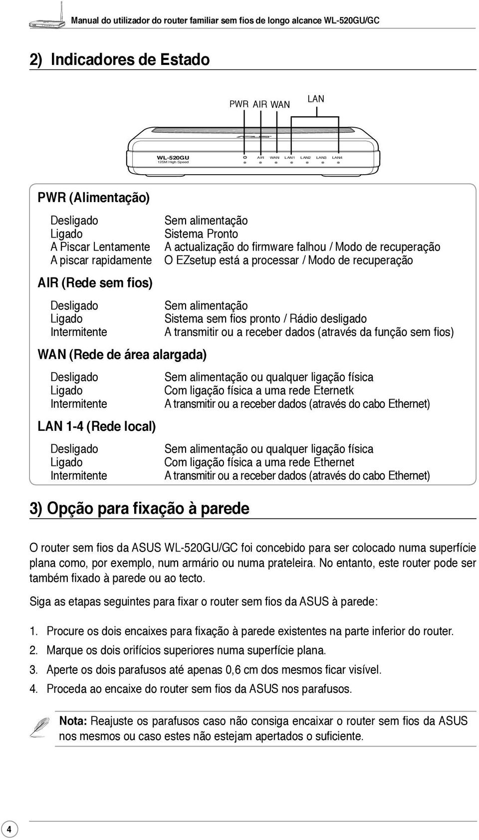 desligado Intermitente A transmitir ou a receber dados (através da função sem fios) WAN (Rede de área alargada) Desligado Sem alimentação ou qualquer ligação física Ligado Com ligação física a uma