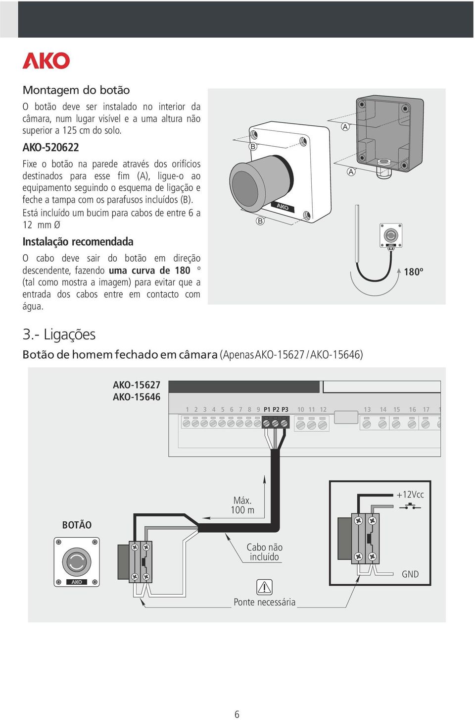 Está incluído um bucim para cabos de entre 6 a 12 mm Ø Instalação recomendada O cabo deve sair do botão em direção descendente, fazendo uma curva de 180 º (tal como mostra a imagem) para evitar que