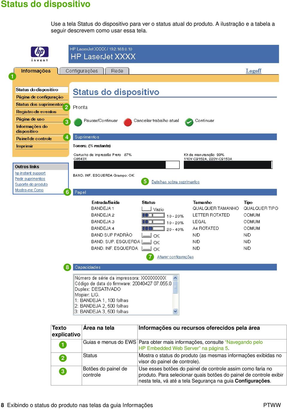 na página 5. Status Mostra o status do produto (as mesmas informações exibidas no visor do painel de controle).