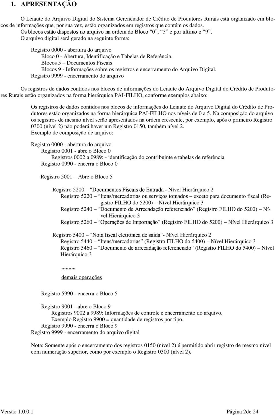 O arquivo digital será gerado na seguinte forma: Registro 0000 - abertura do arquivo Bloco 0 - Abertura, Identificação e Tabelas de Referência.