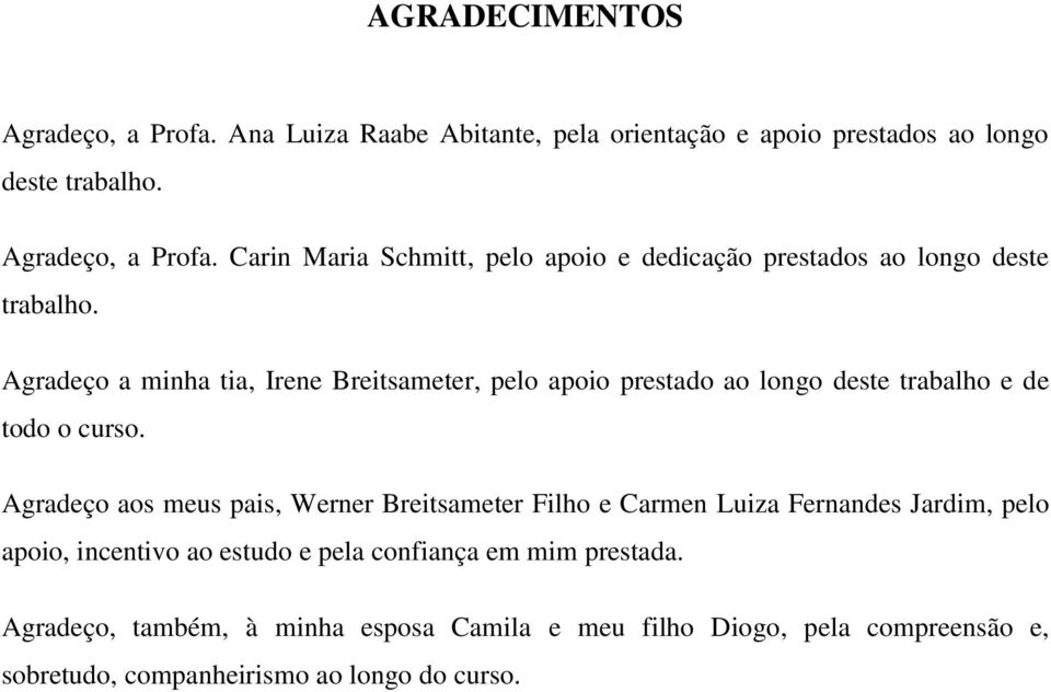 Agradeço aos meus pais, Werner Breitsameter Filho e Carmen Luiza Fernandes Jardim, pelo apoio, incentivo ao estudo e pela confiança em mim prestada.