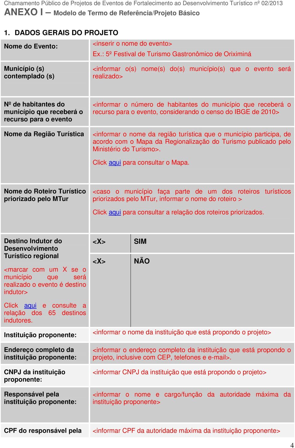 recurso para o evento Nome da Região Turística <informar o número de habitantes do município que receberá o recurso para o evento, considerando o censo do IBGE de 2010> <informar o nome da região