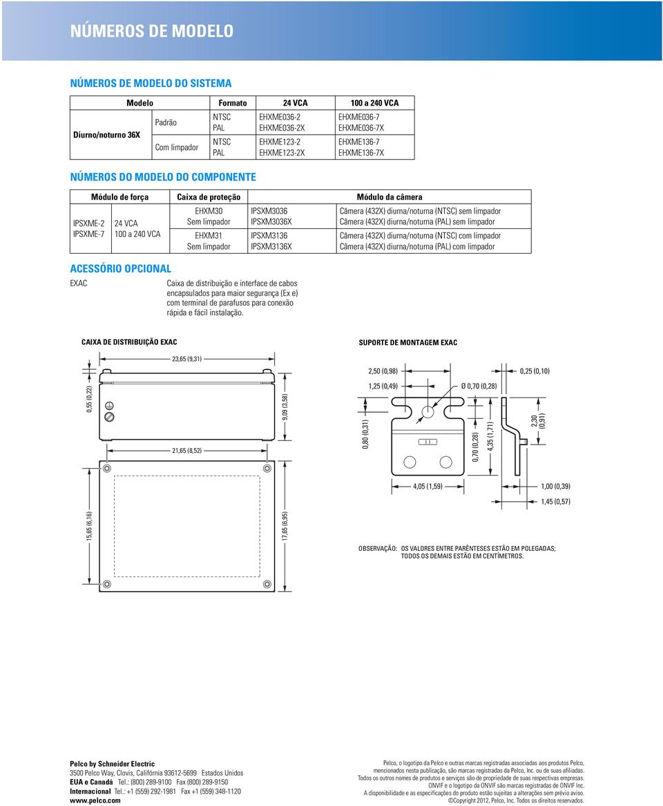 EHXME036-7 EHXME036-7X EHXME136-7 EHXME136-7X Módulo de força Caixa de proteção Módulo da câmera 24 VCA 100 a 240 VCA EHXM30 Sem limpador EHXM31 Sem limpador IPSXM3036 IPSXM3036X IPSXM3136 IPSXM3136X
