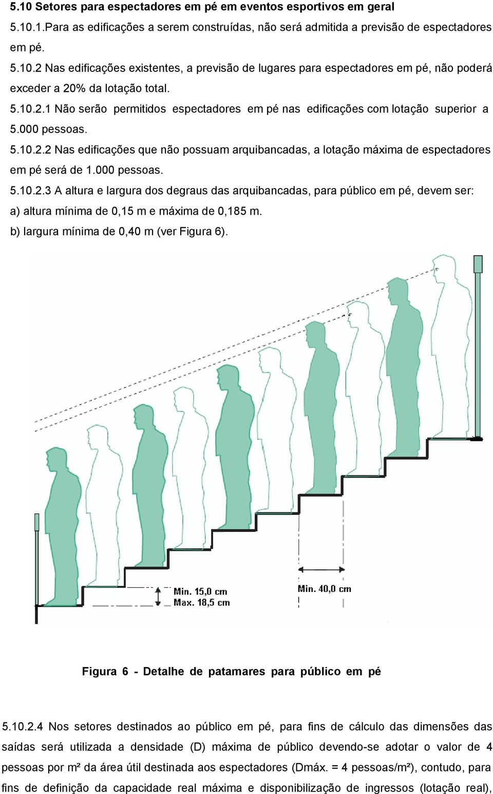 000 pessoas. 5.10.2.3 A altura e largura dos degraus das arquibancadas, para público em pé, devem ser: a) altura mínima de 0,15 m e máxima de 0,185 m. b) largura mínima de 0,40 m (ver Figura 6).