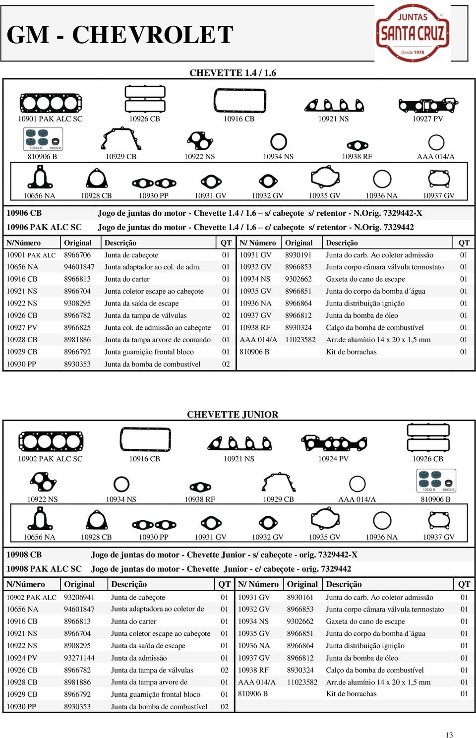 juntas do motor - Chevette 1.4 / 1.6 s/ cabeçote s/ retentor - N.Orig. 7329442-X 10906 PAK ALC SC Jogo de juntas do motor - Chevette 1.4 / 1.6 c/ cabeçote s/ retentor - N.Orig. 7329442 10901 PAK ALC 8966706 Junta de cabeçote 01 10931 GV 8930191 Junta do carb.