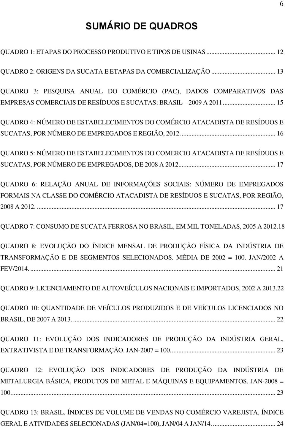 .. 15 QUADRO 4: NÚMERO DE ESTABELECIMENTOS DO COMÉRCIO ATACADISTA DE RESÍDUOS E SUCATAS, POR NÚMERO DE EMPREGADOS E REGIÃO, 2012.