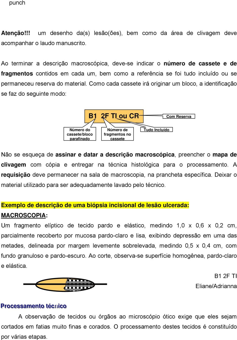 Como cada cassete irá originar um bloco, a identificação se faz do seguinte modo: B1 2F TI ou CR Com Reserva Número do cassete/bloco parafinado Número de fragmentos no cassete Tudo Incluído Não se