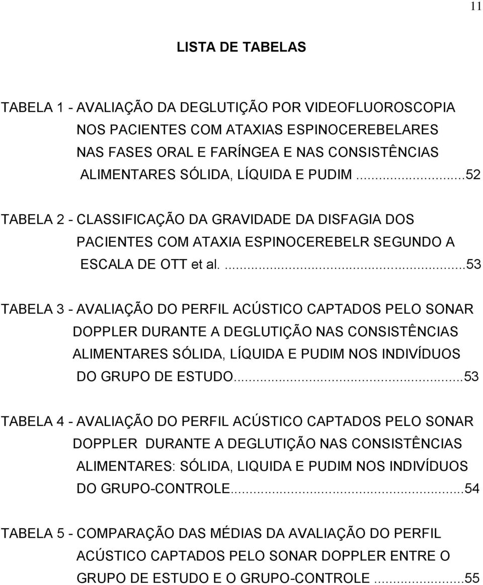 ...53 TABELA 3 - AVALIAÇÃO DO PERFIL ACÚSTICO CAPTADOS PELO SONAR DOPPLER DURANTE A DEGLUTIÇÃO NAS CONSISTÊNCIAS ALIMENTARES SÓLIDA, LÍQUIDA E PUDIM NOS INDIVÍDUOS DO GRUPO DE ESTUDO.