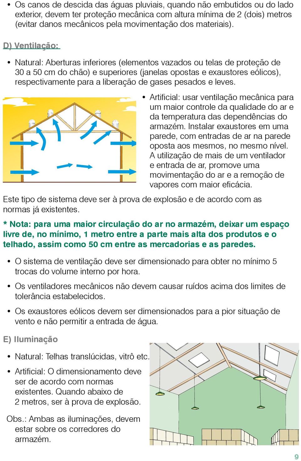 D) Ventilação: Natural: Aberturas inferiores (elementos vazados ou telas de proteção de 30 a 50 cm do chão) e superiores (janelas opostas e exaustores eólicos), respectivamente para a liberação de