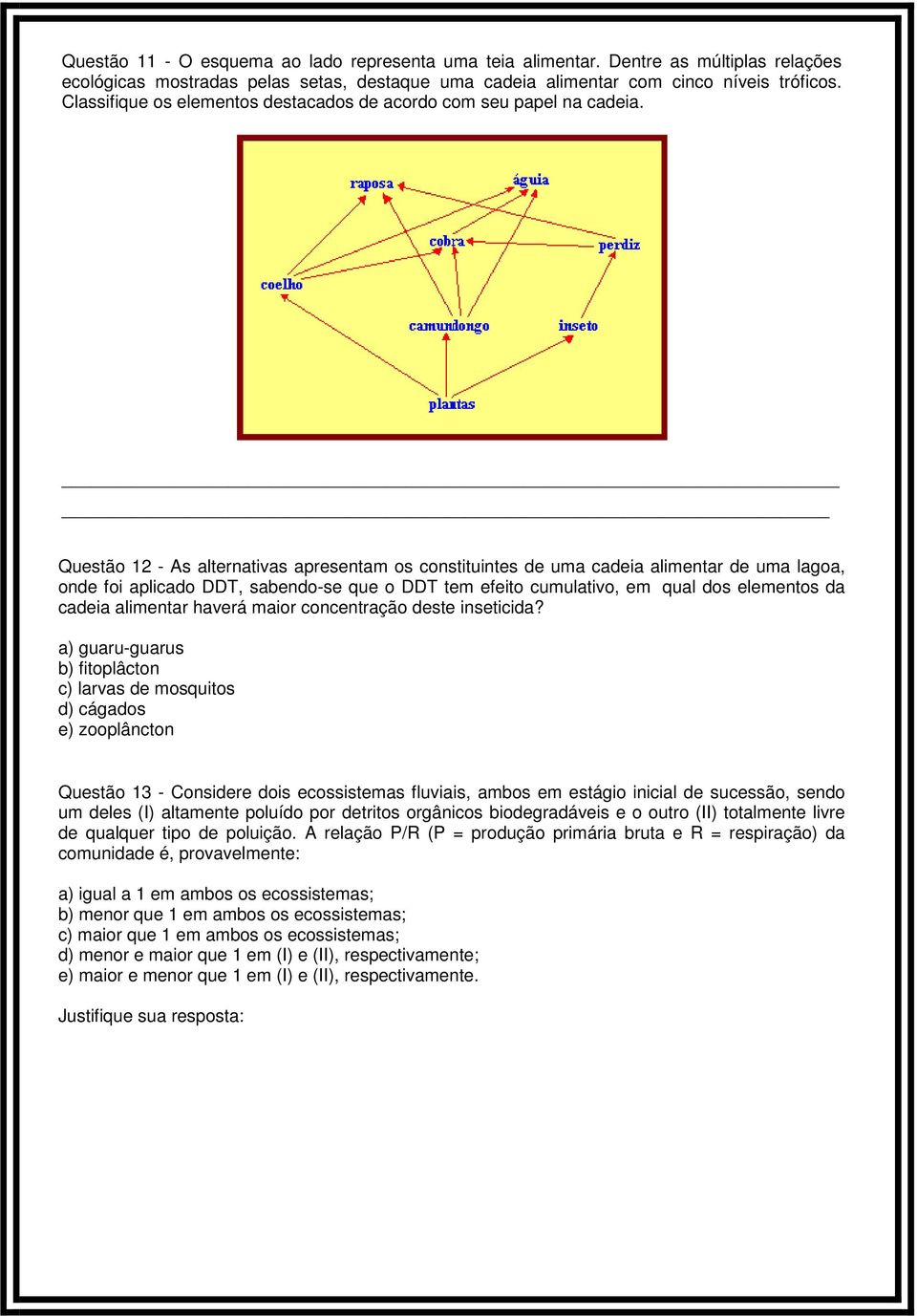 _ Questão 12 - As alternativas apresentam os constituintes de uma cadeia alimentar de uma lagoa, onde foi aplicado DDT, sabendo-se que o DDT tem efeito cumulativo, em qual dos elementos da cadeia