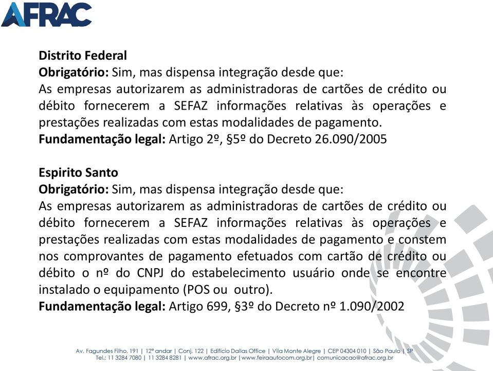 090/2005 Espirito Santo As empresas autorizarem as administradoras de cartões de crédito ou prestações realizadas com estas modalidades de