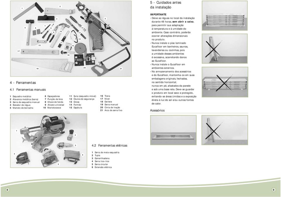 Alicate universal 10 Martelo 4 18 16 13 12 14 20 11 Suta (esquadro móvel) 12 Óculos de segurança 13 Grosa 14 Formão 15 Espátula 3 21 16 Trena 17 Nível 18 Estilete 19 Serra manual 20 Cinta de tração