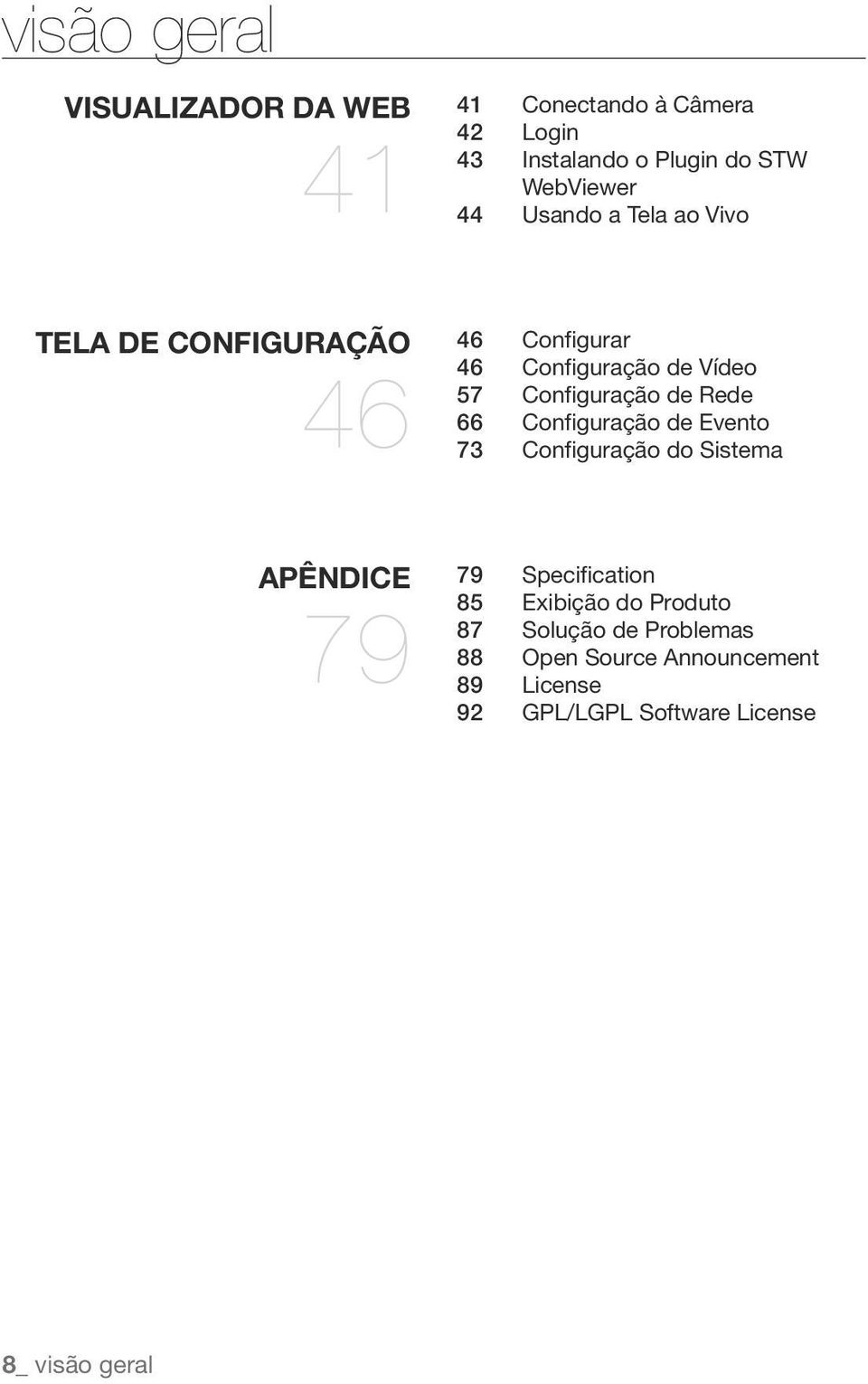 Rede 66 Configuração de Evento 73 Configuração do Sistema apêndice 79 79 Specification 85 Exibição do