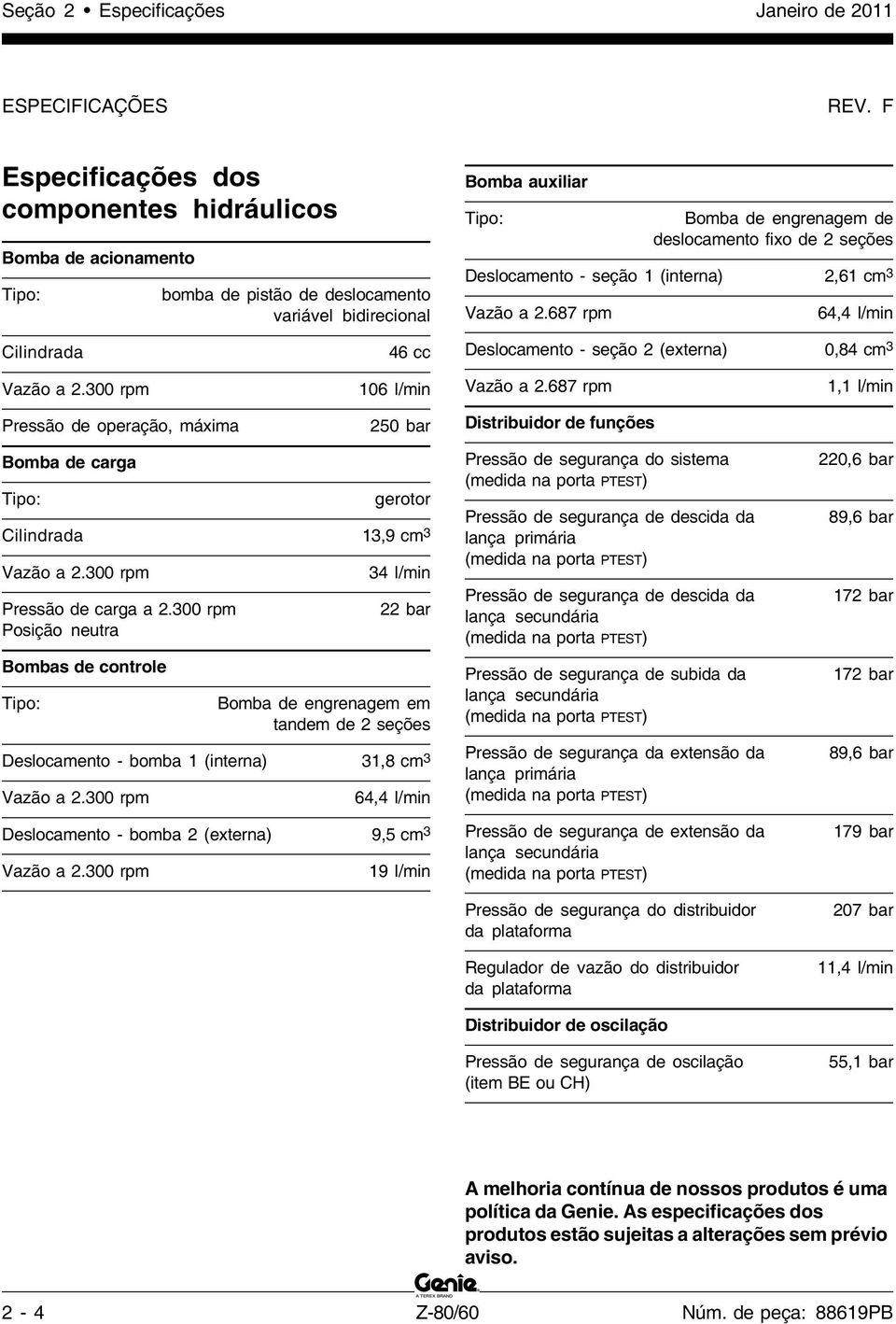 Deslocamento - seção (interna),6 cm 3 Vazão a.687 rpm 6, l/min Cilindrada 6 cc Deslocamento - seção (externa) 0,8 cm 3 Vazão a.300 rpm 06 l/min Vazão a.