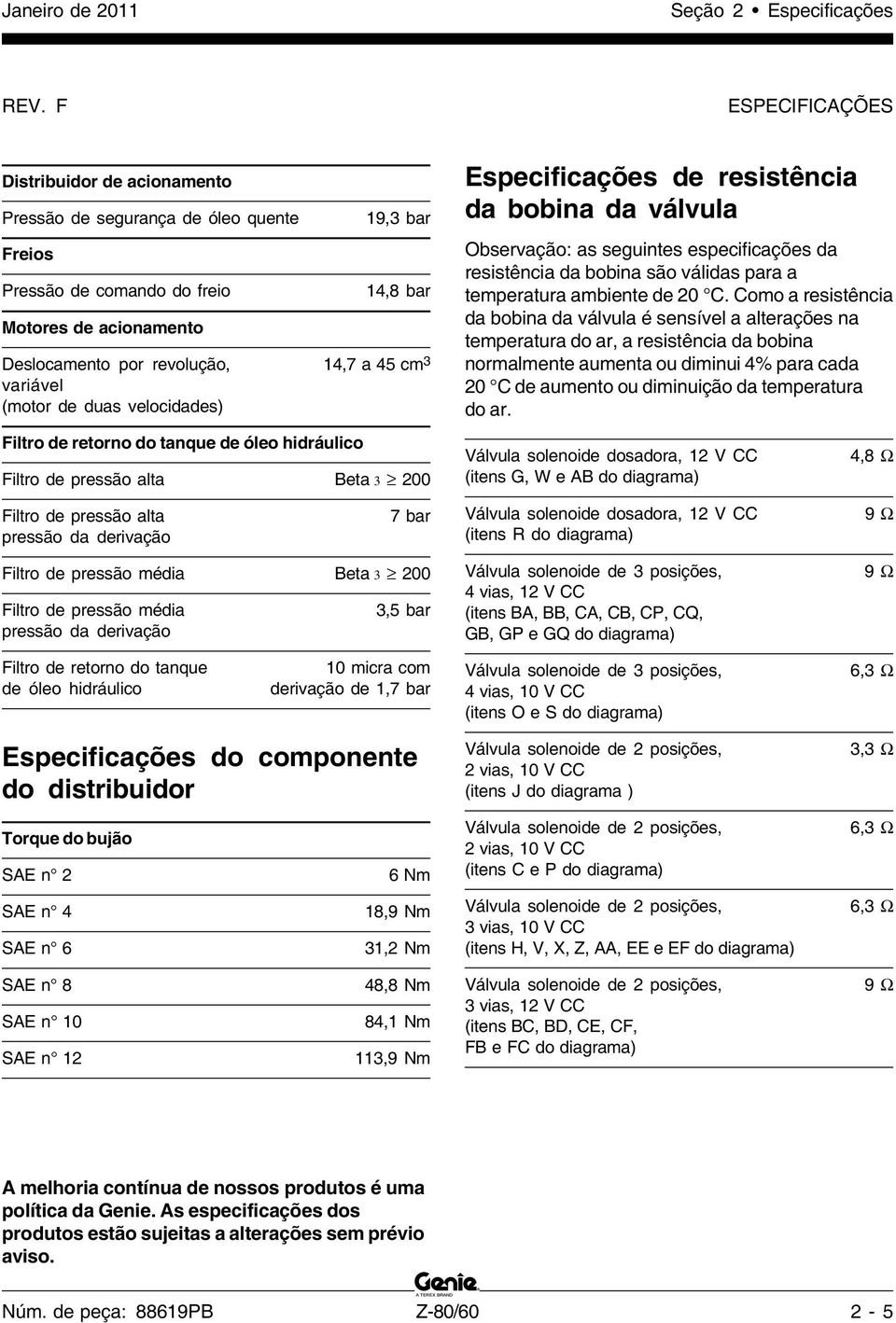 (motor de duas velocidades) Filtro de retorno do tanque de óleo hidráulico Filtro de pressão alta Beta 3 00 Especificações de resistência da bobina da válvula Observação: as seguintes especificações