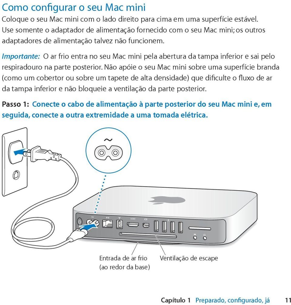 Importante: O ar frio entra no seu Mac mini pela abertura da tampa inferior e sai pelo respiradouro na parte posterior.