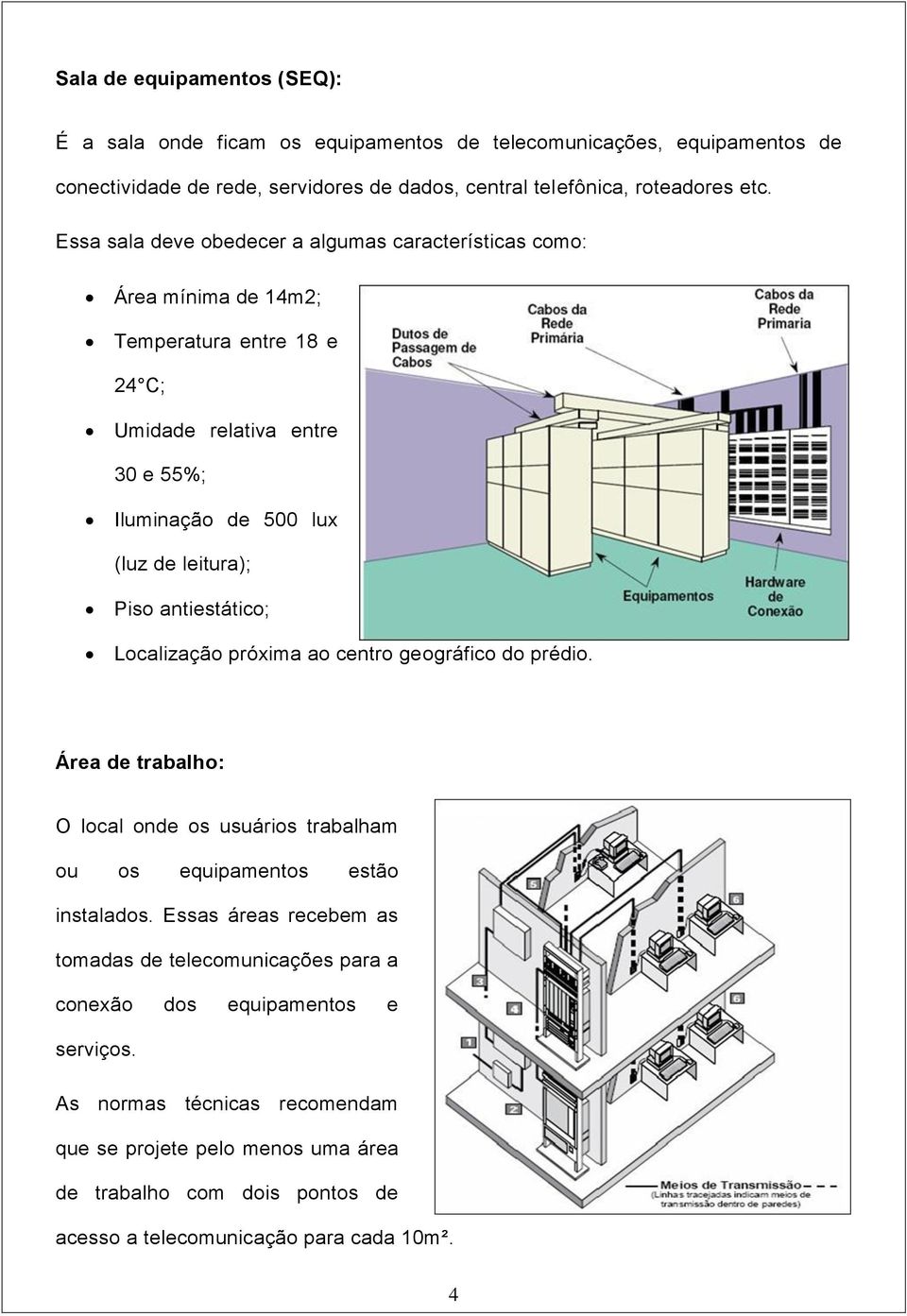 antiestático; Localização próxima ao centro geográfico do prédio. Área de trabalho: O local onde os usuários trabalham ou os equipamentos estão instalados.