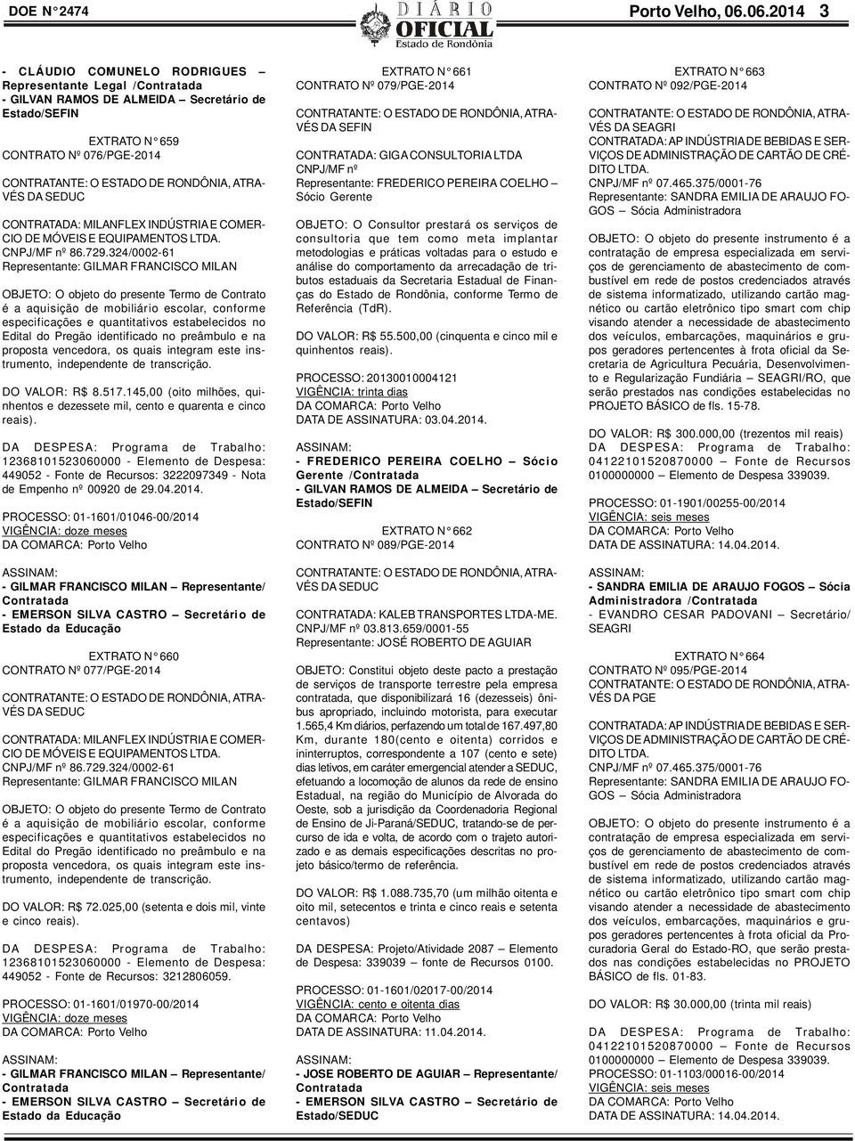 ATRA- VÉS DA SEDUC CONTRATADA: MILANFLEX INDÚSTRIA E COMER- CIO DE MÓVEIS E EQUIPAMENTOS LTDA. CNPJ/MF nº 86.729.