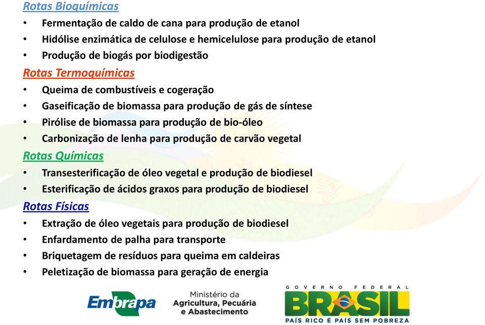 para produção de carvão vegetal Rotas Químicas Transesterificação de óleo vegetal e produção de biodiesel Esterificação de ácidos graxos para produção de biodiesel Rotas Físicas