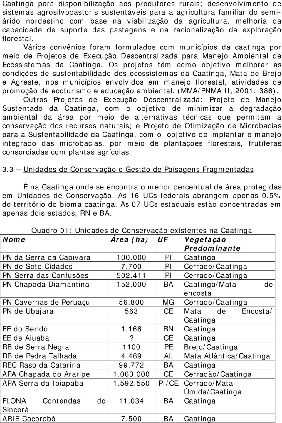 Vários convênios foram formulados com municípios da caatinga por meio de Projetos de Execução Descentralizada para Manejo Ambiental de Ecossistemas da Caatinga.