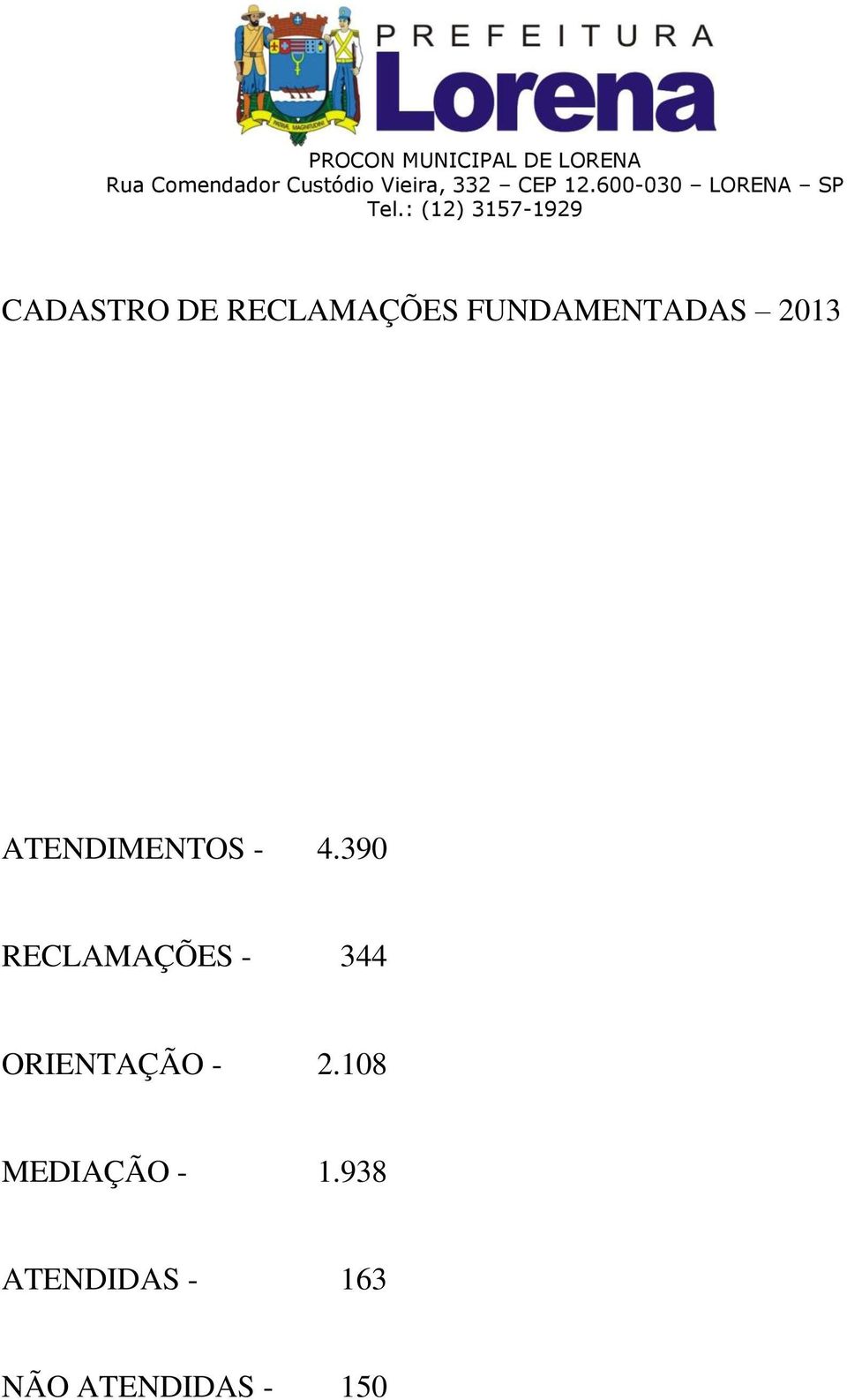: (12) 3157-1929 CADASTRO DE RECLAMAÇÕES FUNDAMENTADAS 2013