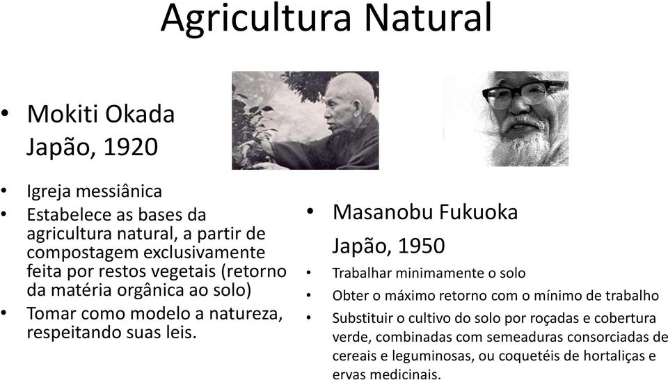 Masanobu Fukuoka Japão, 1950 Trabalhar minimamente o solo Obter o máximo retorno com o mínimo de trabalho Substituir o cultivo do solo