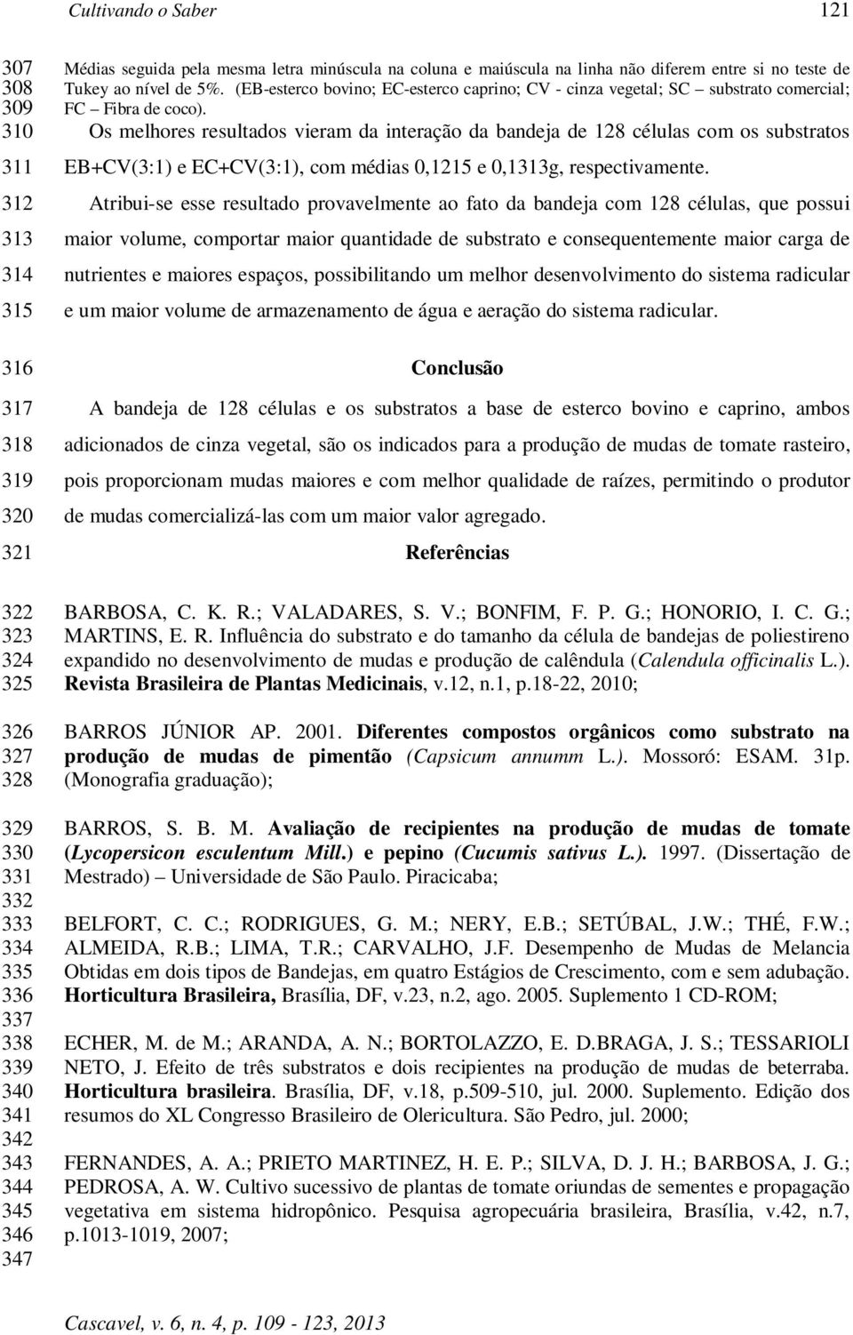 Os melhores resultados vieram da interação da bandeja de 128 células com os substratos EB+CV(3:1) e EC+CV(3:1), com médias 0,1215 e 0,1313g, respectivamente.