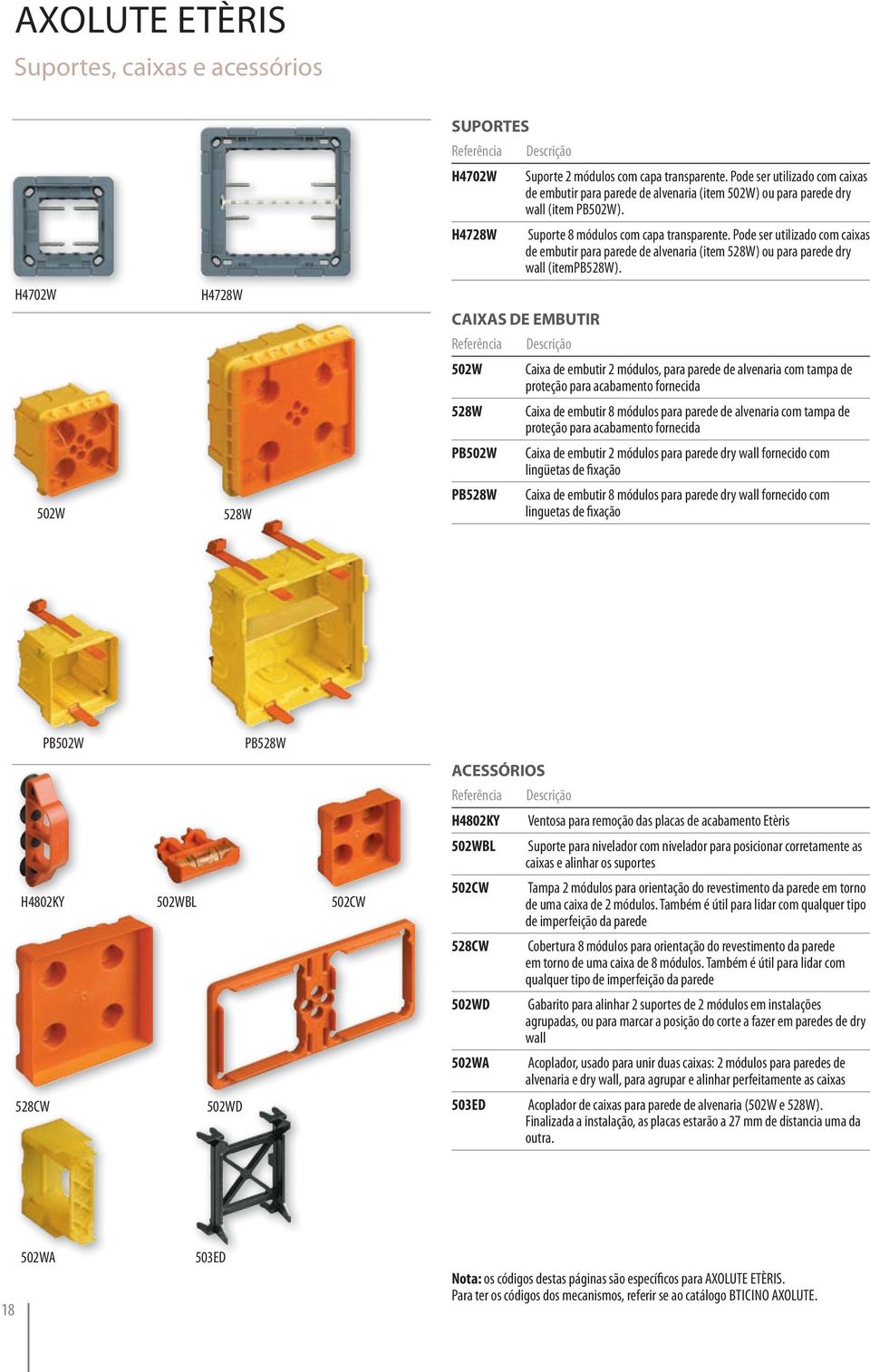 Pode ser utilizado com caixas de embutir para parede de alvenaria (item 528W) ou para parede dry wall (itempb528w).