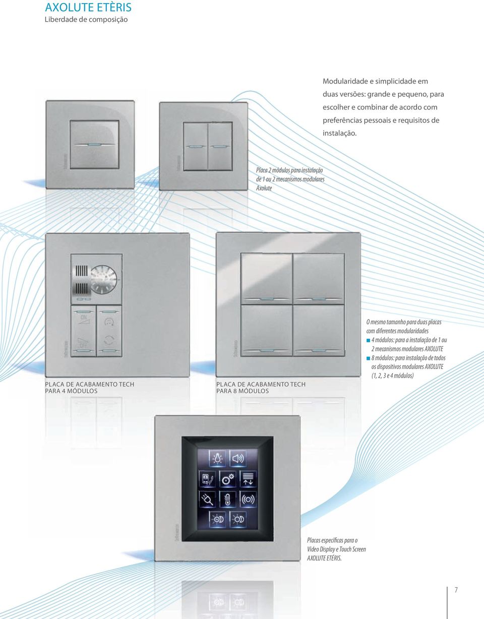 Placa 2 módulos para instalação de 1 ou 2 mecanismos modulares Axolute PLACA DE ACABAMENTO TECH PARA 4 MÓDULOS PLACA DE ACABAMENTO TECH PARA 8 MÓDULOS O