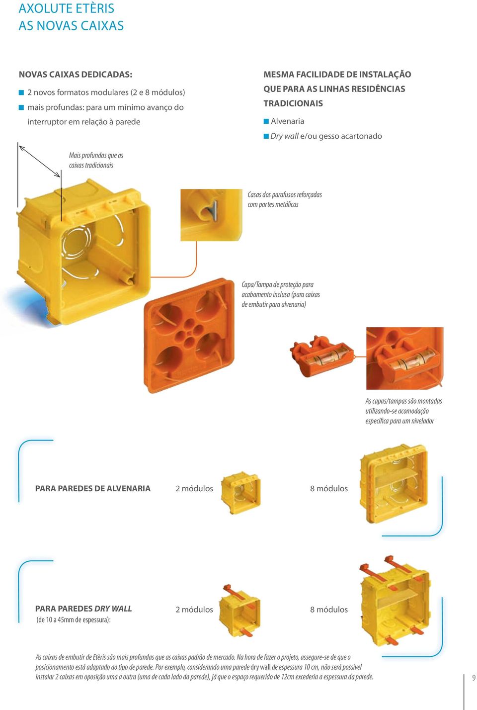 acabamento inclusa (para caixas de embutir para alvenaria) As capas/tampas são montadas utilizando-se acomodação específica para um nivelador PARA PAREDES DE ALVENARIA 2 módulos 8 módulos PARA