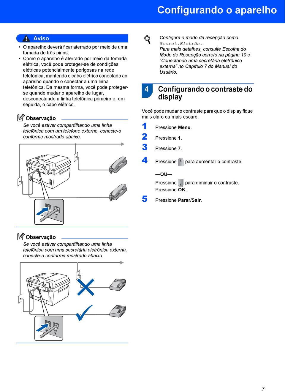 o conectar a uma linha telefônica. Da mesma forma, você pode protegerse quando mudar o aparelho de lugar, desconectando a linha telefônica primeiro e, em seguida, o cabo elétrico.