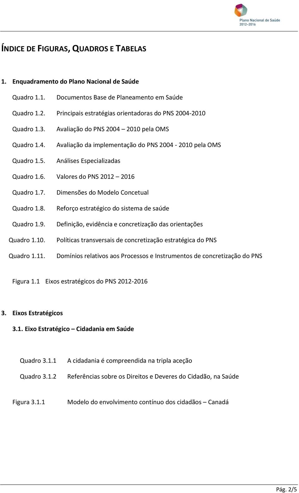 Avaliação do PNS 2004 2010 pela OMS Avaliação da implementação do PNS 2004-2010 pela OMS Análises Especializadas Quadro 1.6. Valores do PNS 2012 2016 Quadro 1.7. Quadro 1.8. Quadro 1.9. Quadro 1.10. Quadro 1.11.