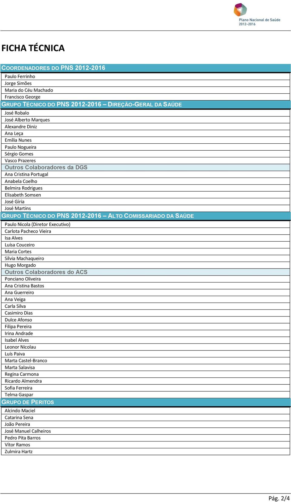 Martins GRUPO TÉCNICO DO PNS 2012-2016 ALTO COMISSARIADO DA SAÚDE Paulo Nicola (Diretor Executivo) Carlota Pacheco Vieira Isa Alves Luísa Couceiro Maria Cortes Sílvia Machaqueiro Hugo Morgado Outros