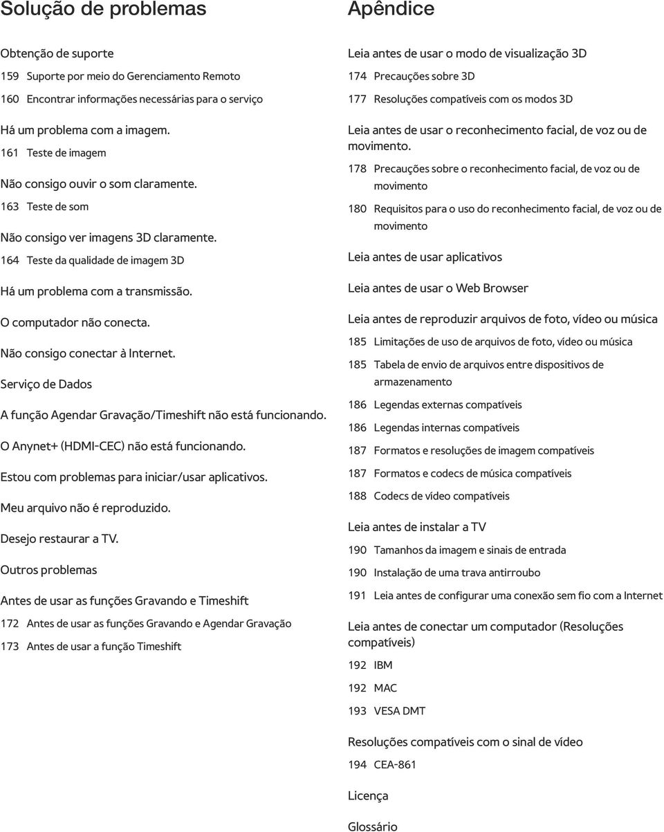 O computador não conecta. Não consigo conectar à Internet. Serviço de Dados A função Agendar Gravação/Timeshift não está funcionando. O Anynet+ (HDMI-CEC) não está funcionando.