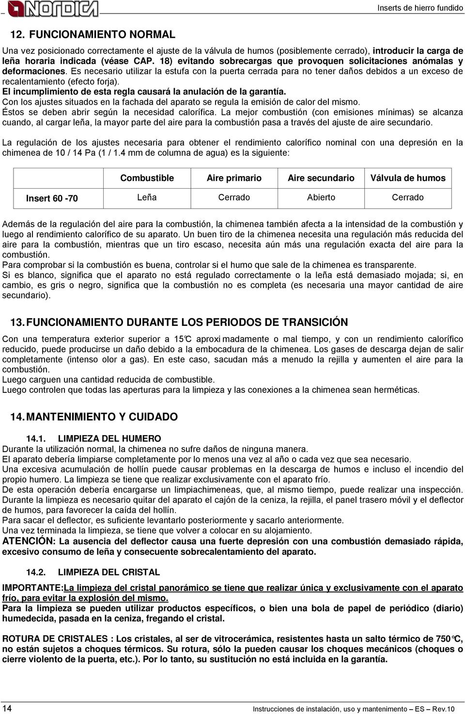 Es necesario utilizar la estufa con la puerta cerrada para no tener daños debidos a un exceso de recalentamiento (efecto forja). El incumplimiento de esta regla causará la anulación de la garantía.