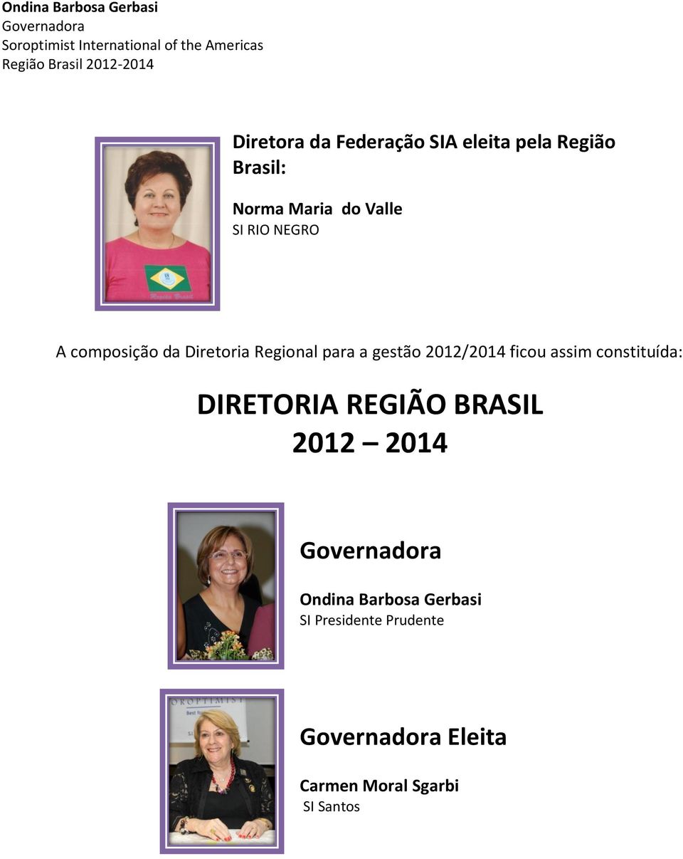 Diretoria Regional para a gestão 2012/2014 ficou assim constituída: DIRETORIA REGIÃO BRASIL 2012 2014