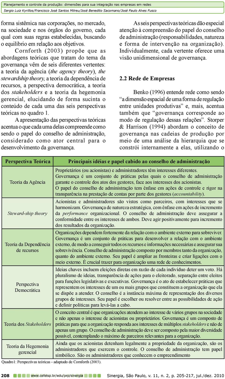 dependência de recursos, a perspectiva democrática, a teoria dos stakeholders e a teoria da hegemonia gerencial, elucidando de forma sucinta o conteúdo de cada uma das seis perspectivas teóricas no