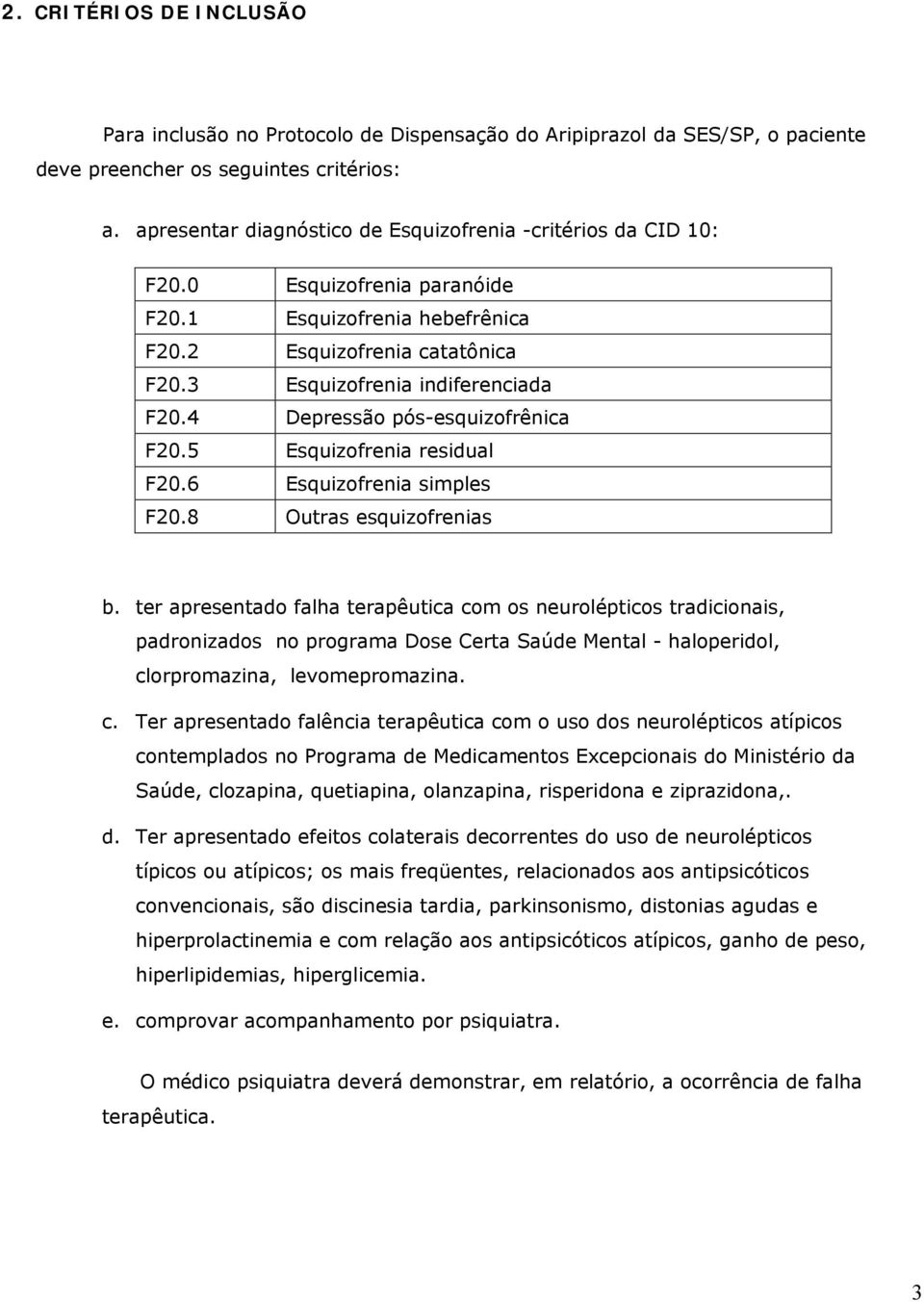 4 Depressão pós-esquizofrênica F20.5 Esquizofrenia residual F20.6 Esquizofrenia simples F20.8 Outras esquizofrenias b.