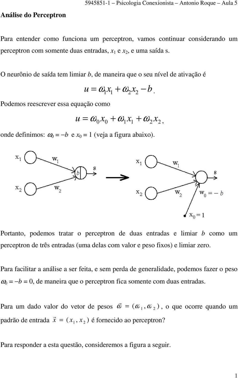 = ω +, 0x0 + ω1x1 ω2x2 onde definimos: ω 0 = b e x 0 = 1 (veja a figura abaixo).