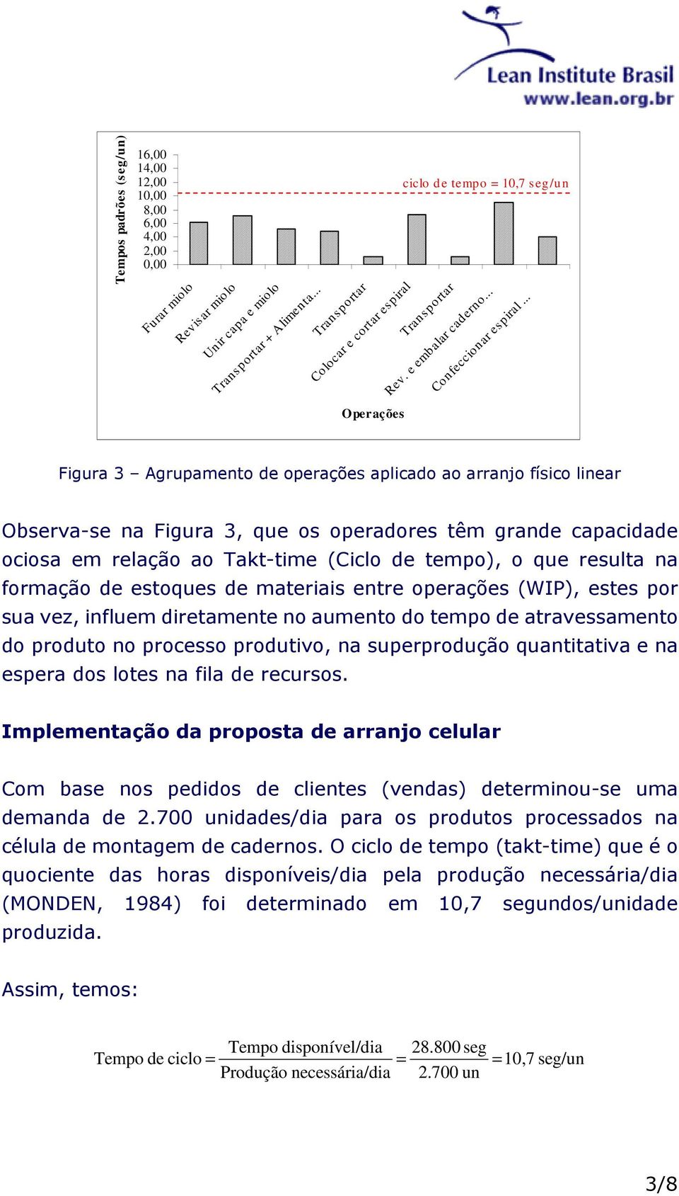 .. Figura 3 Agrupamento de operações aplicado ao arranjo físico linear Observa-se na Figura 3, que os operadores têm grande capacidade ociosa em relação ao Takt-time (Ciclo de tempo), o que resulta