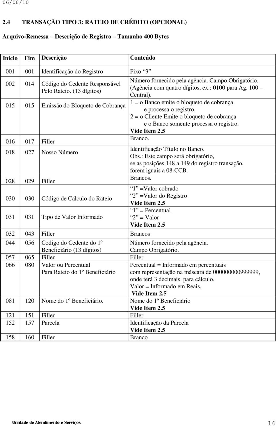 (13 dígitos) 015 015 Emissão do Bloqueto de Cobrança 016 017 Filler 018 027 Nosso Número 028 029 Filler 030 030 Código de Cálculo do Rateio 031 031 Tipo de Valor Informado 032 043 Filler Brancos 044