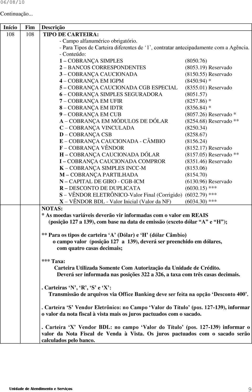 01) Reservado 6 COBRANÇA SIMPLES SEGURADORA (8051.57) 7 COBRANÇA EM UFIR (8257.86) * 8 COBRANÇA EM IDTR (8356.84) * 9 COBRANÇA EM CUB (8057.26) Reservado * A COBRANÇA EM MÓDULOS DE DÓLAR (8254.