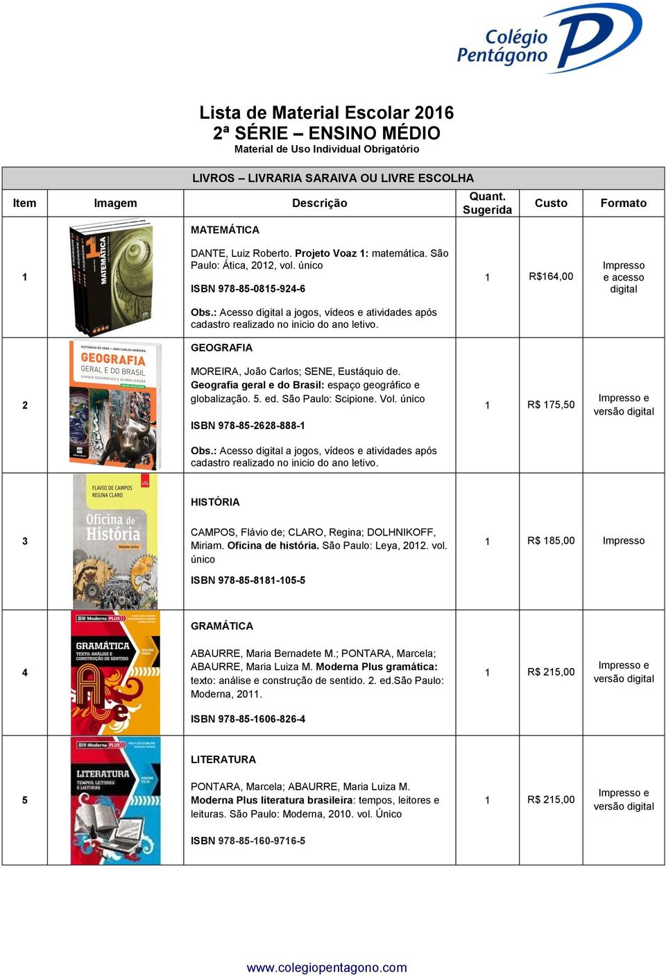 GEOGRAFIA MOREIRA, João Carlos; SENE, Eustáquio de. Geografia geral e do Brasil: espaço geográfico e globalização. 5. ed. São Paulo: Scipione. Vol. único ISBN 978-85-68-888- R$ 75,50 Obs.