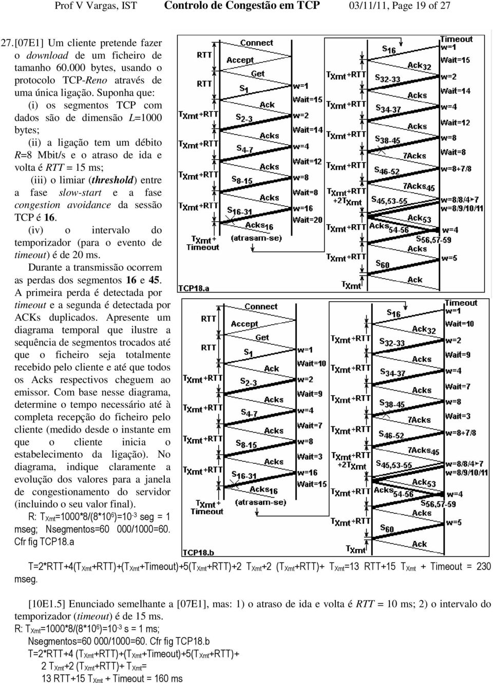 Suponha que: (i) os segmentos TCP com dados são de dimensão L=1000 bytes; (ii) a ligação tem um débito R=8 Mbit/s e o atraso de ida e volta é RTT = 15 ms; (iii) o limiar (threshold) entre a fase