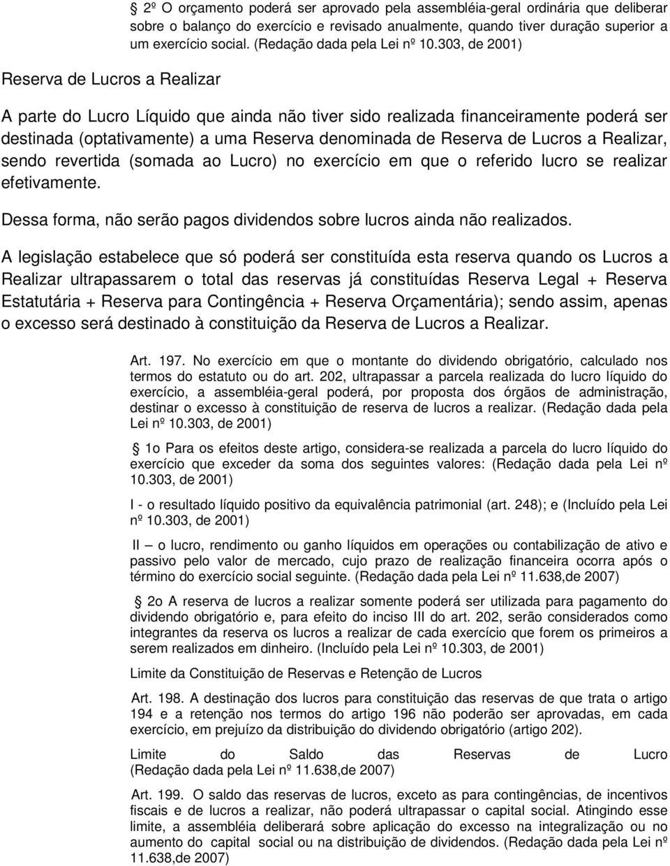 303, de 2001) A parte do Lucro Líquido que ainda não tiver sido realizada financeiramente poderá ser destinada (optativamente) a uma Reserva denominada de Reserva de Lucros a Realizar, sendo