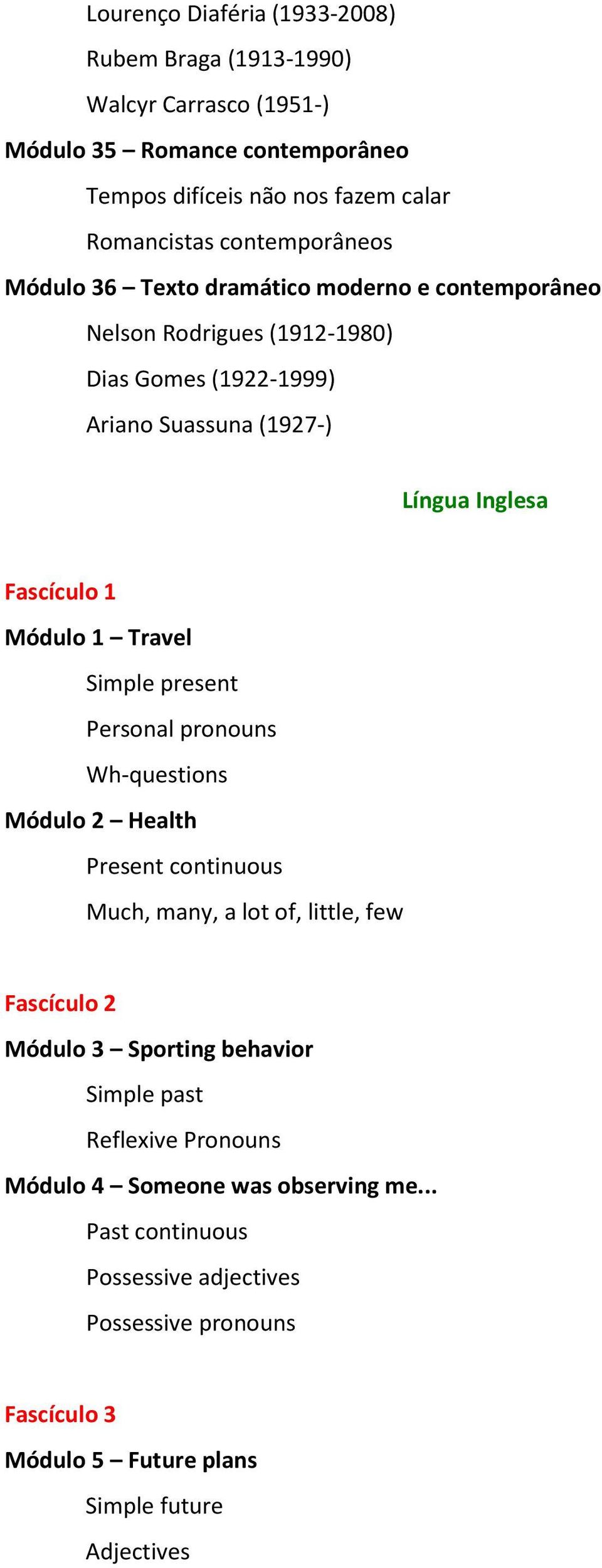 Módulo 1 Travel Simple present Personal pronouns Wh-questions Módulo 2 Health Present continuous Much, many, a lot of, little, few Fascículo 2 Módulo 3 Sporting behavior