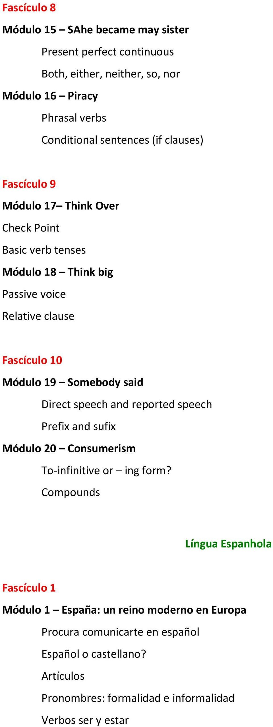 Somebody said Direct speech and reported speech Prefix and sufix Módulo 20 Consumerism To-infinitive or ing form?