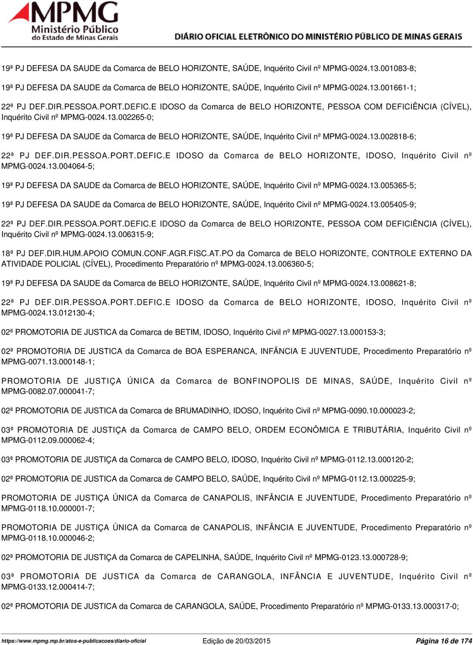 002265-0; 19ª PJ DEFESA DA SAUDE da Comarca de BELO HORIZONTE, SAÚDE, Inquérito Civil nº MPMG-0024.13.002818-6; 22ª PJ DEF.DIR.PESSOA.PORT.DEFIC.