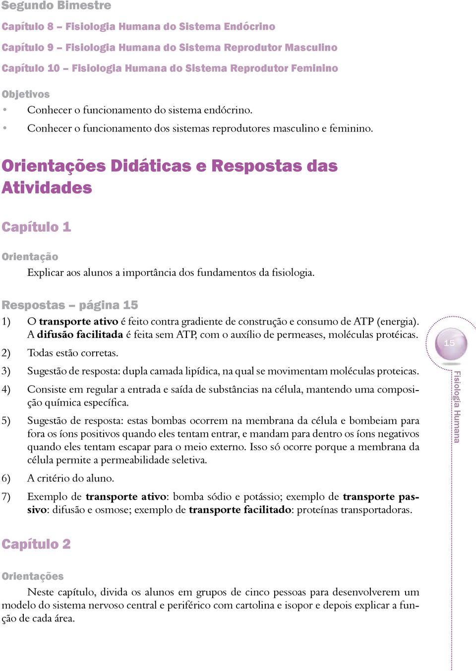 Respostas página 15 1) O transporte ativo é feito contra gradiente de construção e consumo de ATP (energia). A difusão facilitada é feita sem ATP, com o auxílio de permeases, moléculas protéicas.